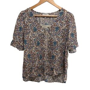 Lucky Brand Floral Paisley Ruffle Hem V Neck Women's Blouse Size Medium Lace